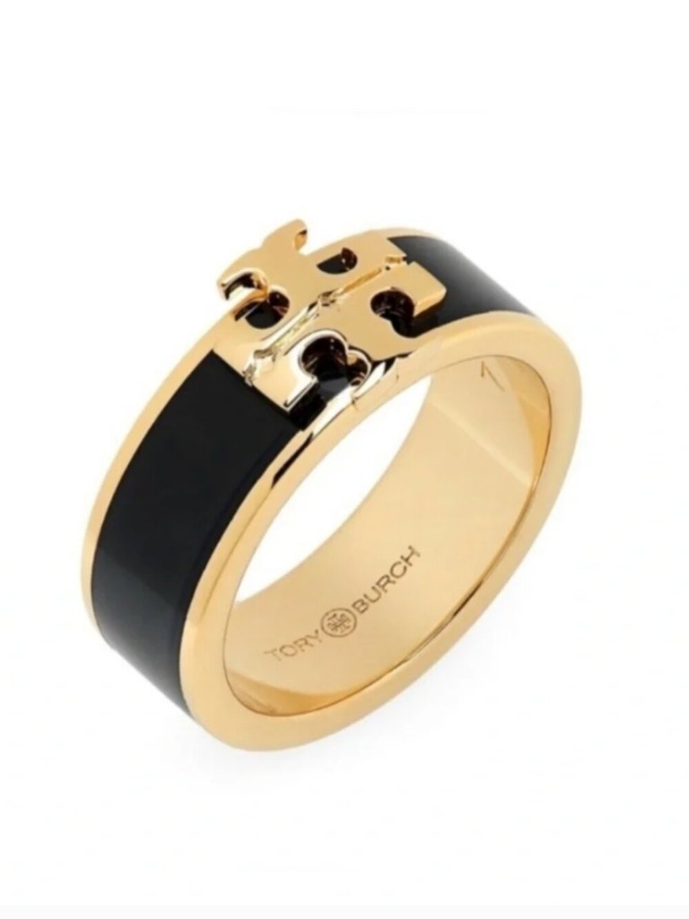 Tory Burch Black Enamel Double T Ring Gold Tone Statement Ring Size 8